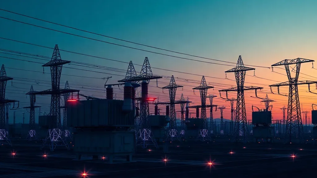 Transmission towers and substation equipment at dusk with translucent digital grid overlays symbolizing layered AI safety compliance.