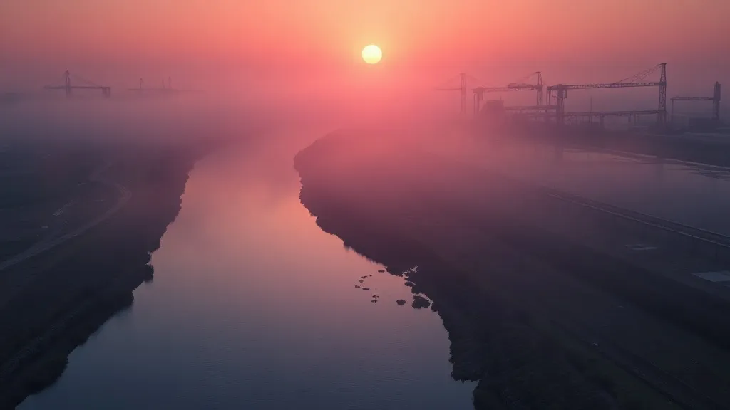 Three colored channels of a river diverging and reconverging under a misty dawn sky, symbolizing parallel regulatory pressures on a single timeline.