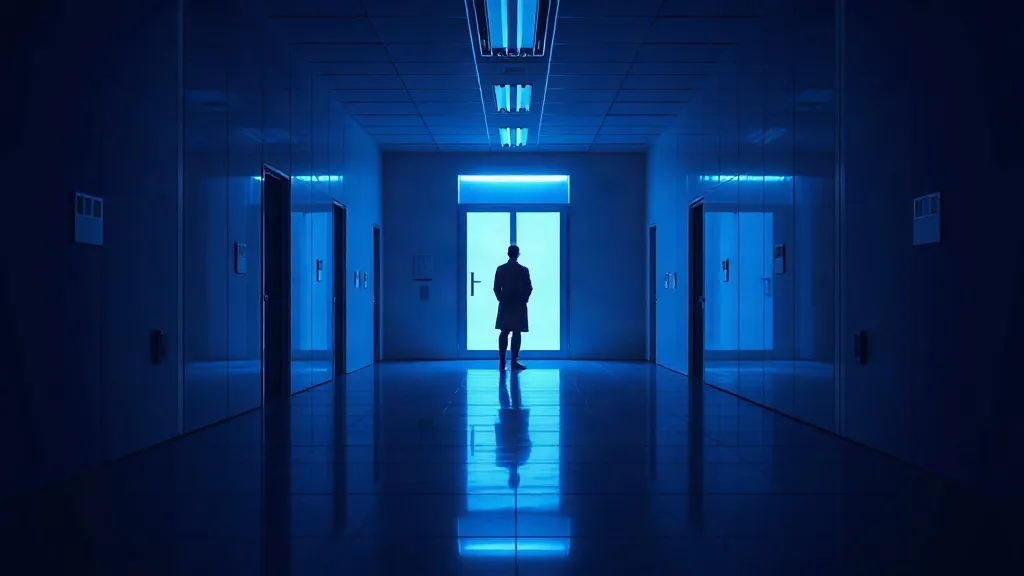 A silhouetted figure pausing at a lit threshold in a quiet clinical laboratory corridor.