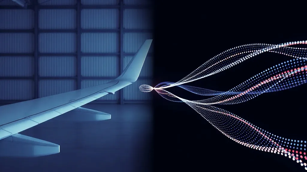 Split image showing a physical aircraft under test alongside an abstract stream of flowing data particles, symbolizing two parallel tracks of AI certification.