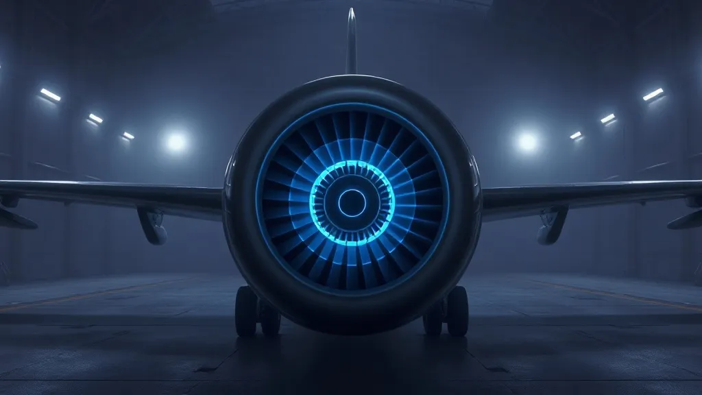 A jet engine glowing with a pulsing blue light in a dark hangar, evoking continuous health monitoring rather than a static inspection.
