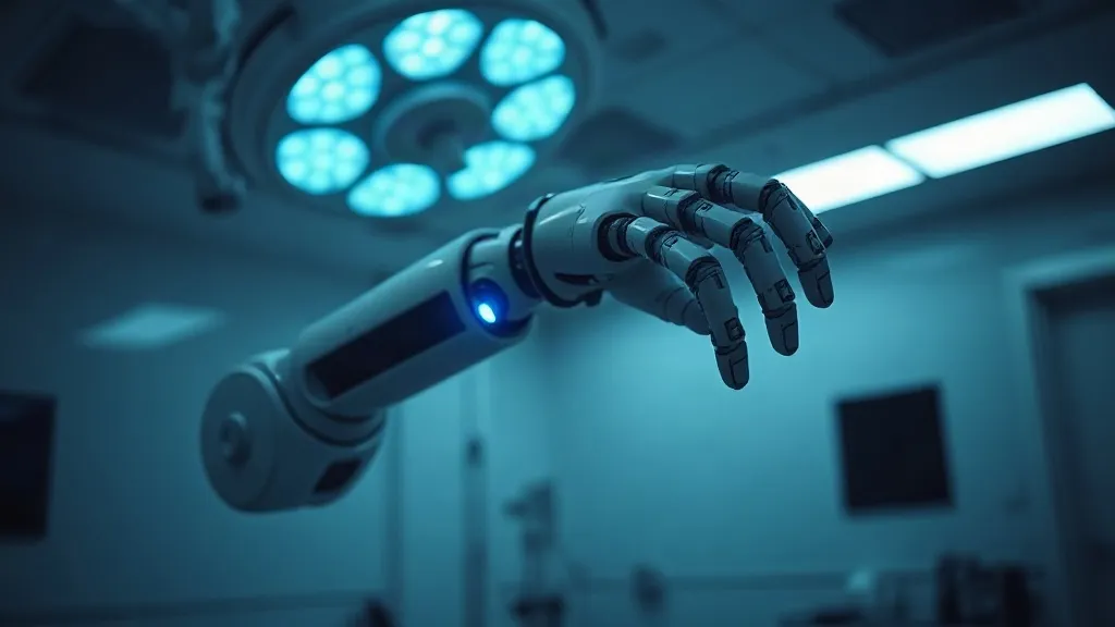 A robotic surgical arm glowing with fiber-optic light inside a sterile operating theater.