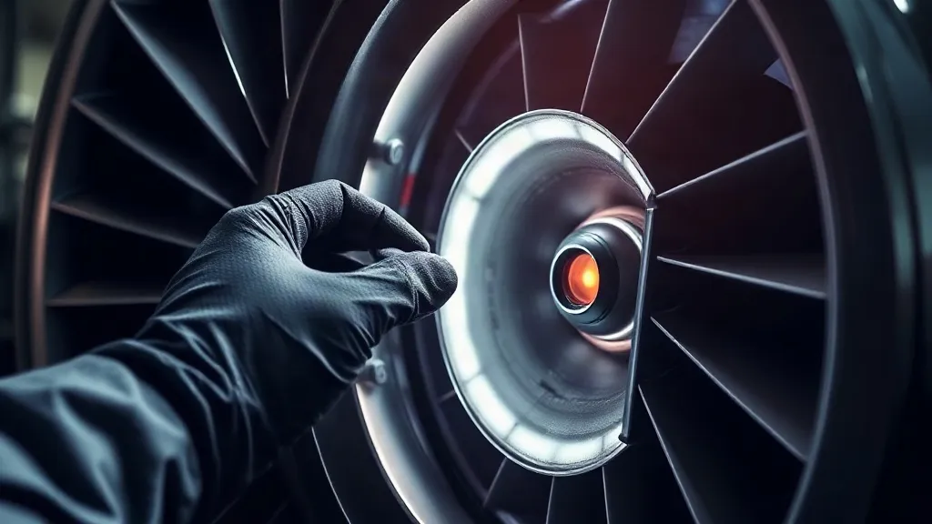 A technician inspects a jet engine turbine blade with a borescope in an engine MRO facility.