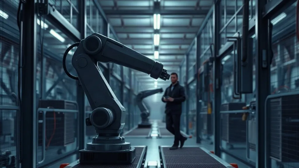 A robotic arm paused beside a human worker on a factory floor, suggesting a deliberate checkpoint in automated decision-making.
