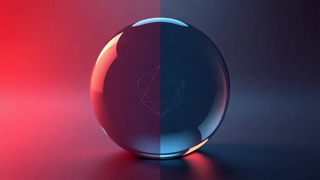 A glass sphere with an internal geometric lattice lit differently on each half, symbolizing one AI model interpreted under two regulatory regimes.