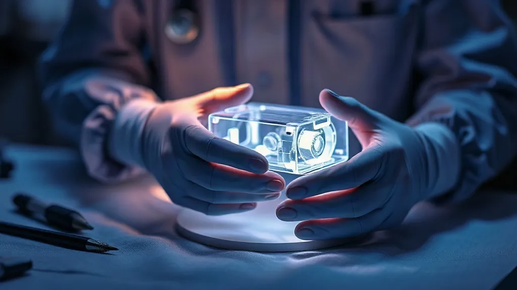 Gloved hands adjusting a translucent medical device model under clinical blue lighting.