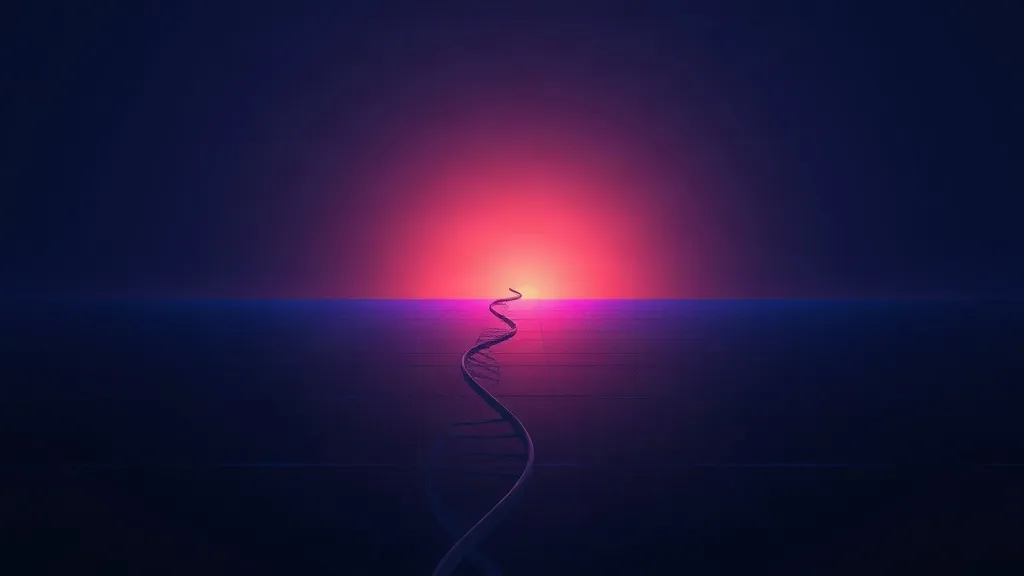 A luminous DNA strand splits into two diverging paths of blue and amber light across a dark laboratory floor.