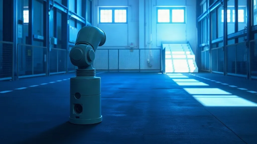 A humanoid robot on an industrial factory floor stands in an area without visible safety barriers, illustrating the gap between physical AI deployment and safety governance.