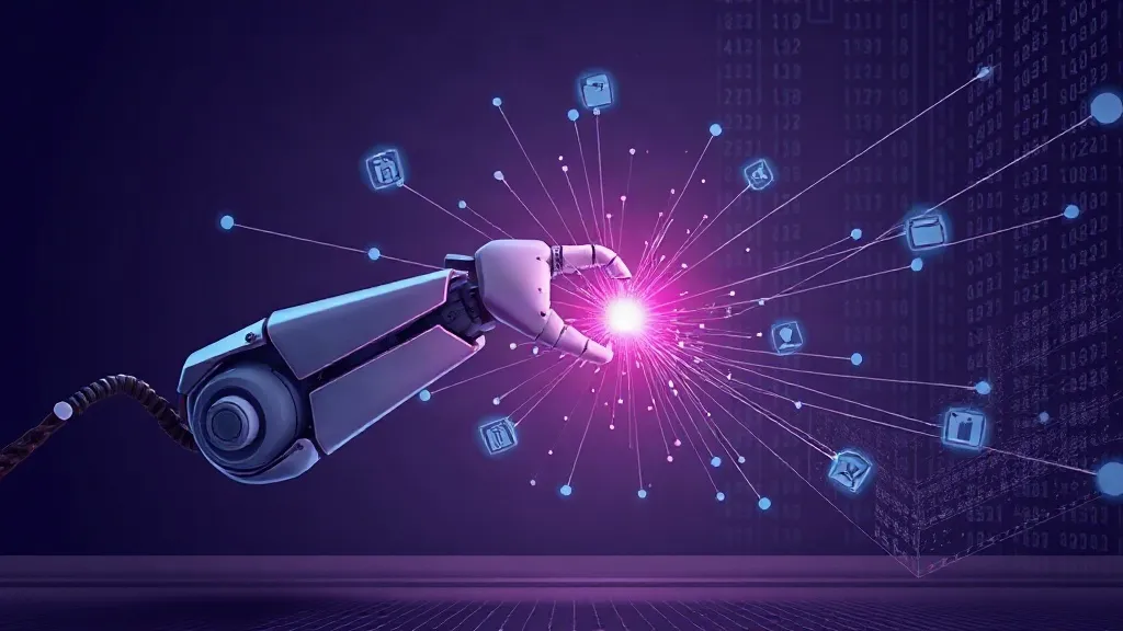 A robotic arm on a factory floor with glowing data pathways extending into a surrounding network grid.