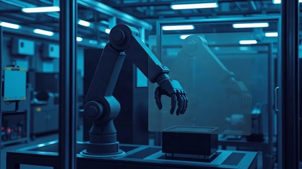 A factory robotic arm shown with a faint independent reflection layered over it, symbolizing a separate safety verification layer.