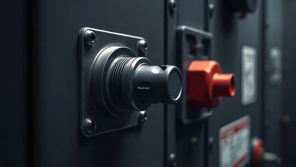A close-up photograph of a mechanical safety interlock switch on an industrial control panel with an emergency shutoff lever visible behind it.