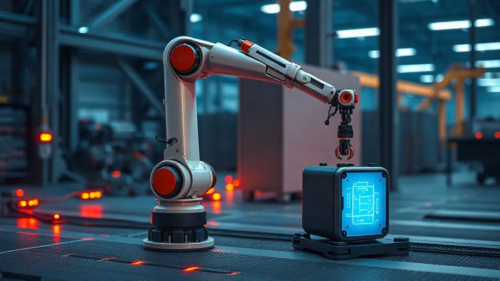 A robotic arm on a factory floor linked by light conduits to a compact edge computing unit, symbolizing industrial automation merging with compute hardware.
