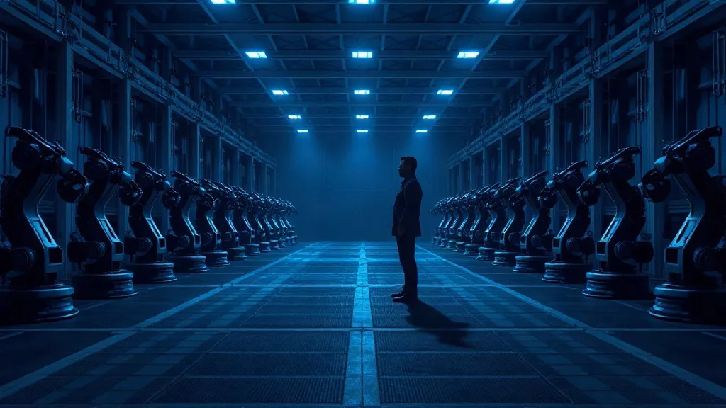 Robotic arms operating on a factory floor with a human worker observing at a distance under blue industrial lighting.