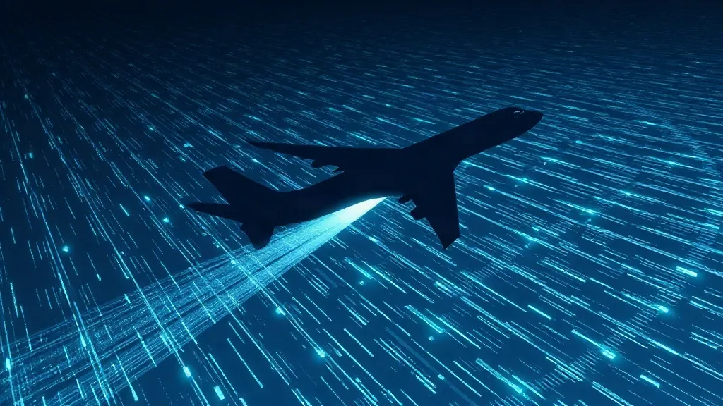 An aircraft silhouette moving through a field of fractured satellite signal lines that dissolve into static, symbolizing degraded navigation data feeding an AI system.