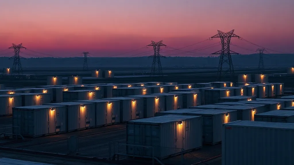 Modular energy storage containers deployed at a power site under a dusk sky, with transmission towers in the background.