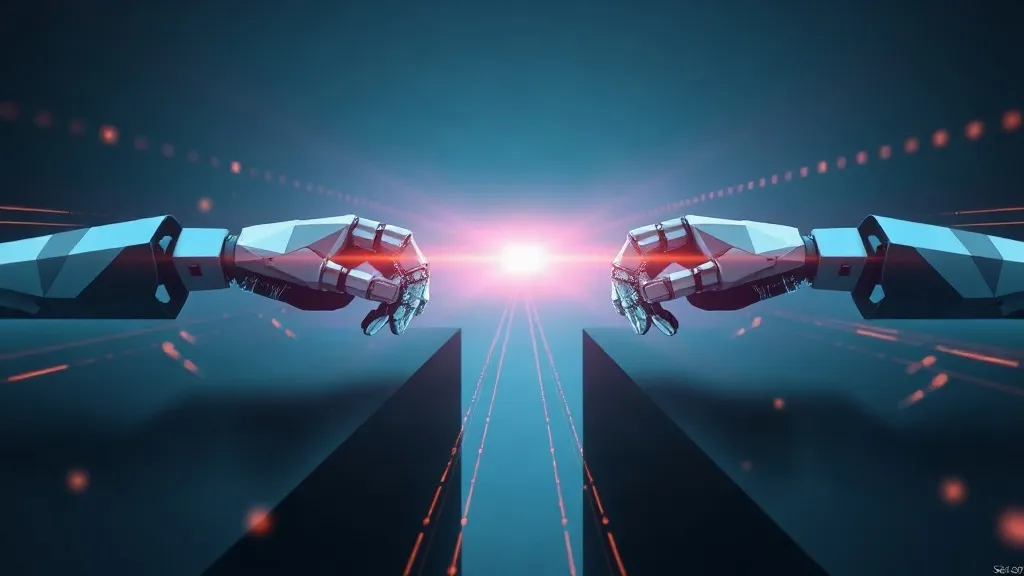 Abstract image of two mechanical hands reaching across a gap, symbolizing automated systems exchanging decisions without a human intermediary.