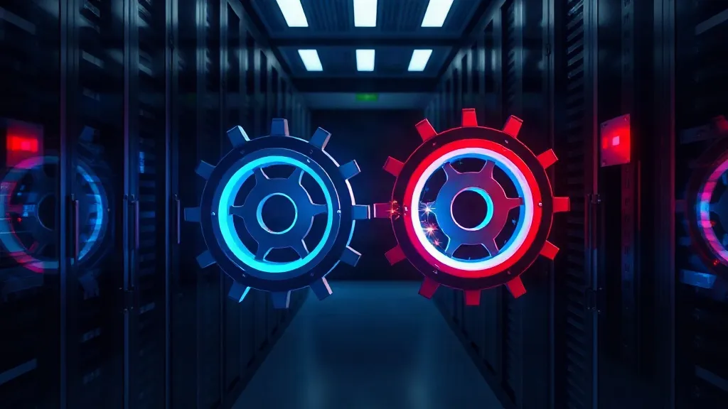 Two opposing gears of light grinding against each other in a darkened data corridor, symbolizing payer and provider AI systems in conflict.