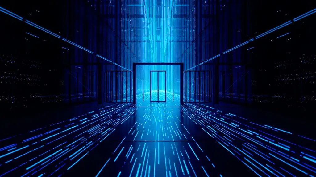 Abstract image of glowing data streams passing through a narrow gated checkpoint between two mirrored structures, symbolizing automated decisions flowing between hospital and payer systems.
