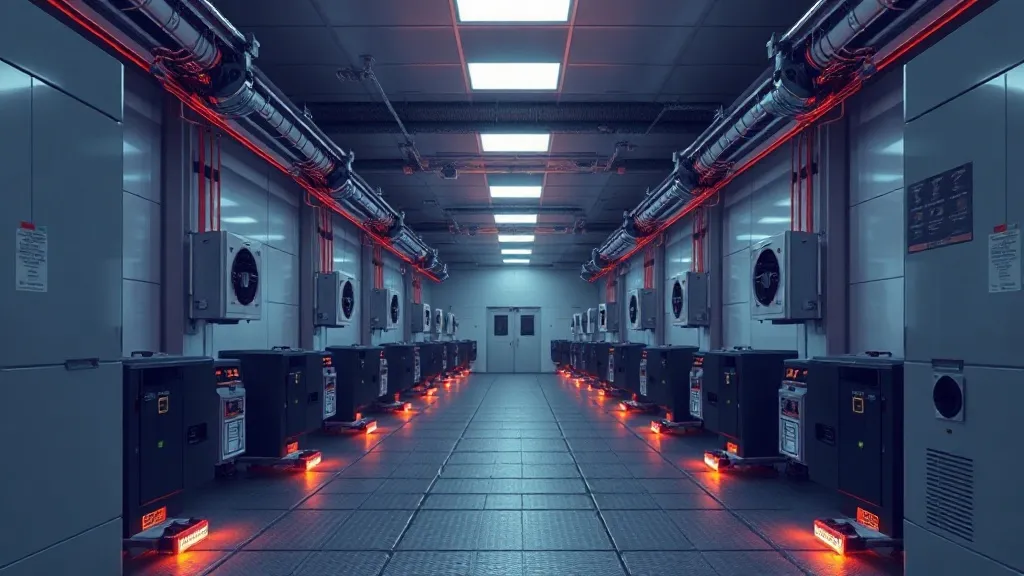 Rows of automated semiconductor manufacturing equipment connected by glowing data conduits in a cleanroom bay.