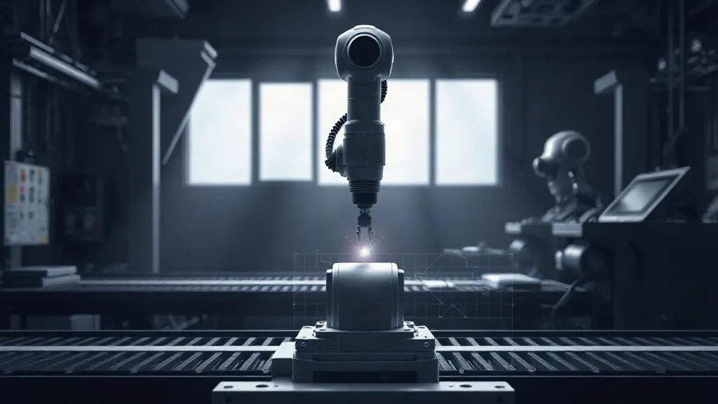 A robotic inspection arm hovers over a machined part on a factory line under a faint measurement grid overlay.