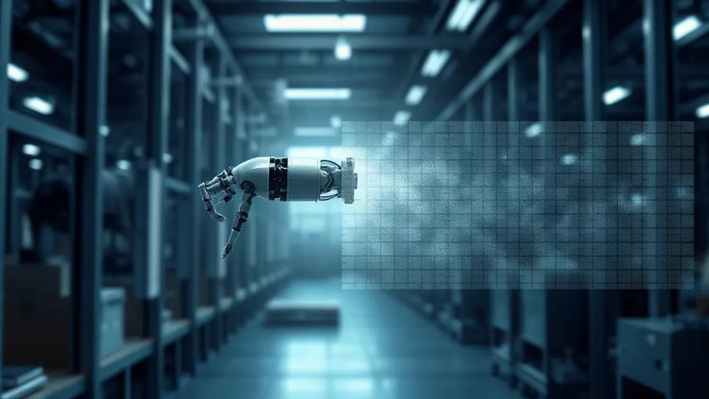 A factory robotic arm partially rendered as a translucent light grid, representing the disconnect between an AI system's authorized limits and its actual recorded behavior.