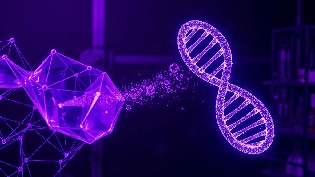 A crystalline quantum lattice merging into a glowing DNA helix, symbolizing quantum-enhanced AI drug discovery