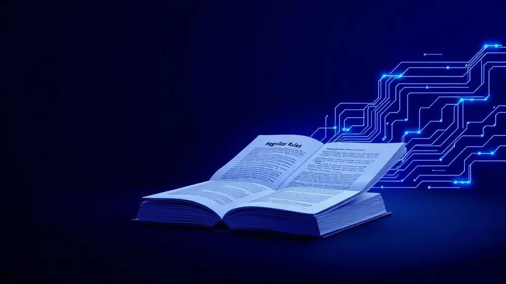 A stationary regulatory rulebook against a blur of fast-moving digital data trails, symbolizing regulation lagging AI velocity.