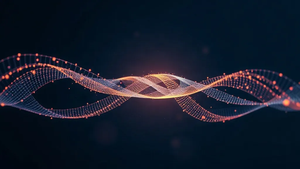 Two streams of abstract data particles converging into one braided flow, symbolizing provider and payer AI systems operating on the same claim.