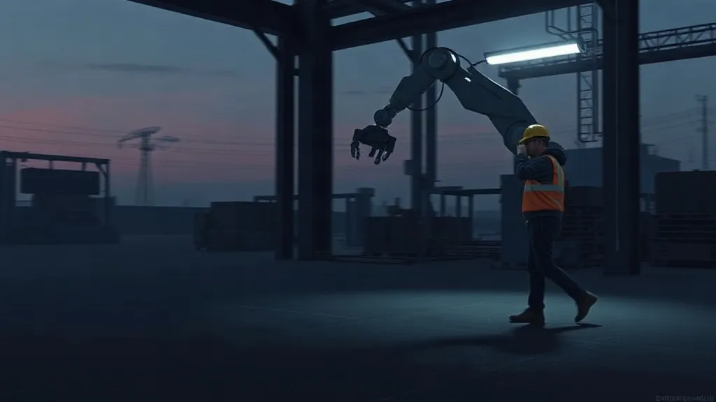 An industrial robotic arm operating alongside a human worker on a factory floor.