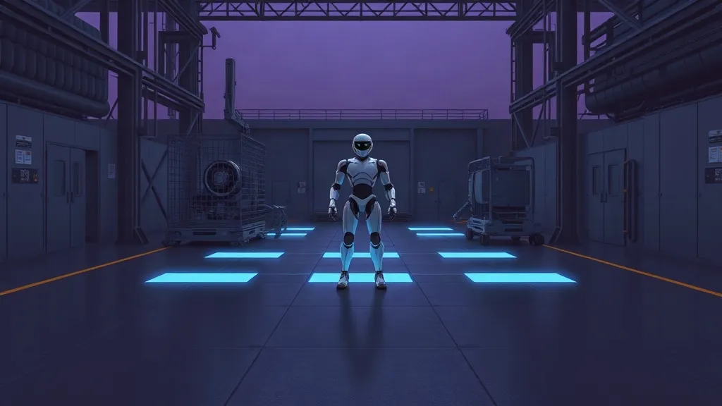 A humanoid robot standing at the boundary between a fenced industrial robot cell and an open collaborative workspace on a factory floor.