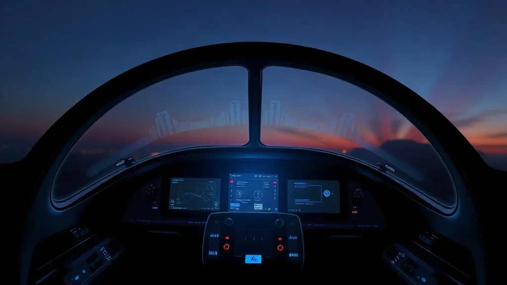 Abstract image of a cockpit silhouette divided by a glowing seam between mechanical gears and a shifting lattice of light, symbolizing the boundary between certified hardware and AI-driven systems.