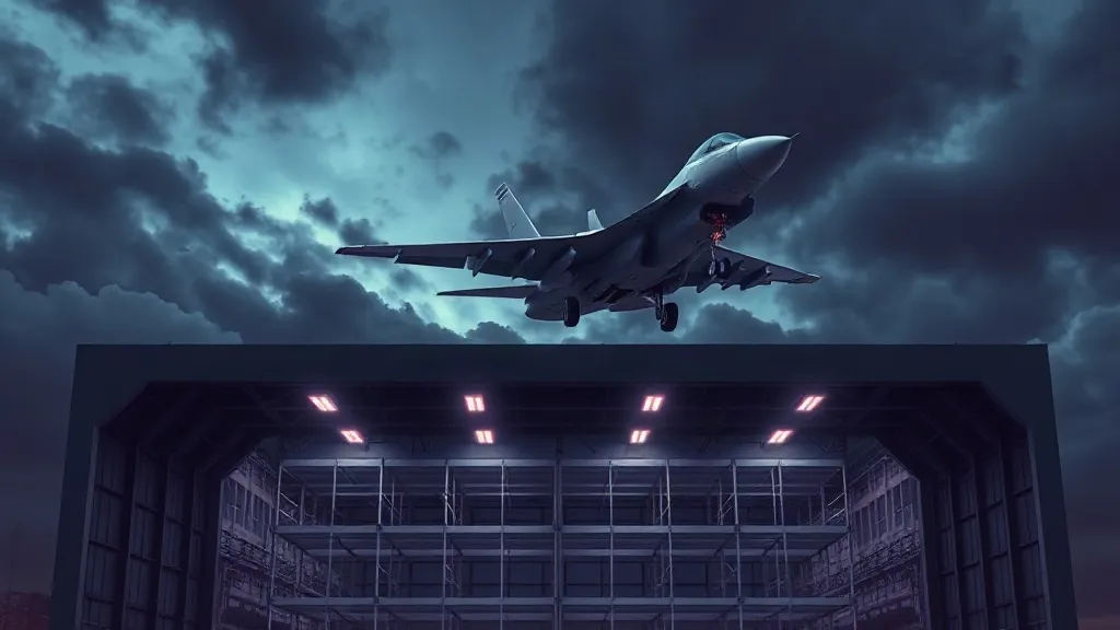A fighter jet banks through a stormy sky above an empty scaffold structure, symbolizing fast-moving defense AI testing outpacing civil certification infrastructure.