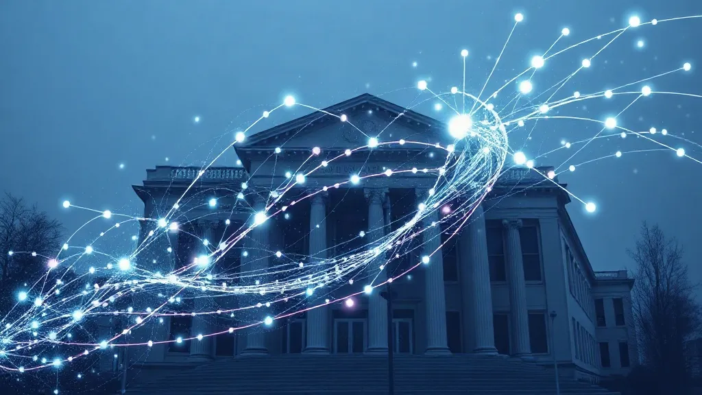 Abstract image of a university building blending into a stream of digital network lines representing student data flowing to an external cloud platform.