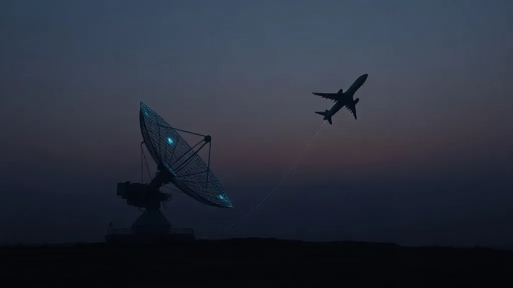 Layered glass silhouettes of an aircraft and radar dish connected by flowing light traces against a dusk sky.