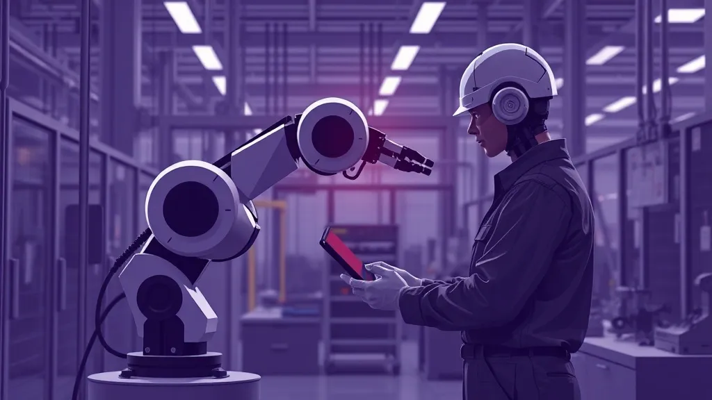 A human worker and a cobot arm operating side by side on a factory floor with visible safety sensor equipment.