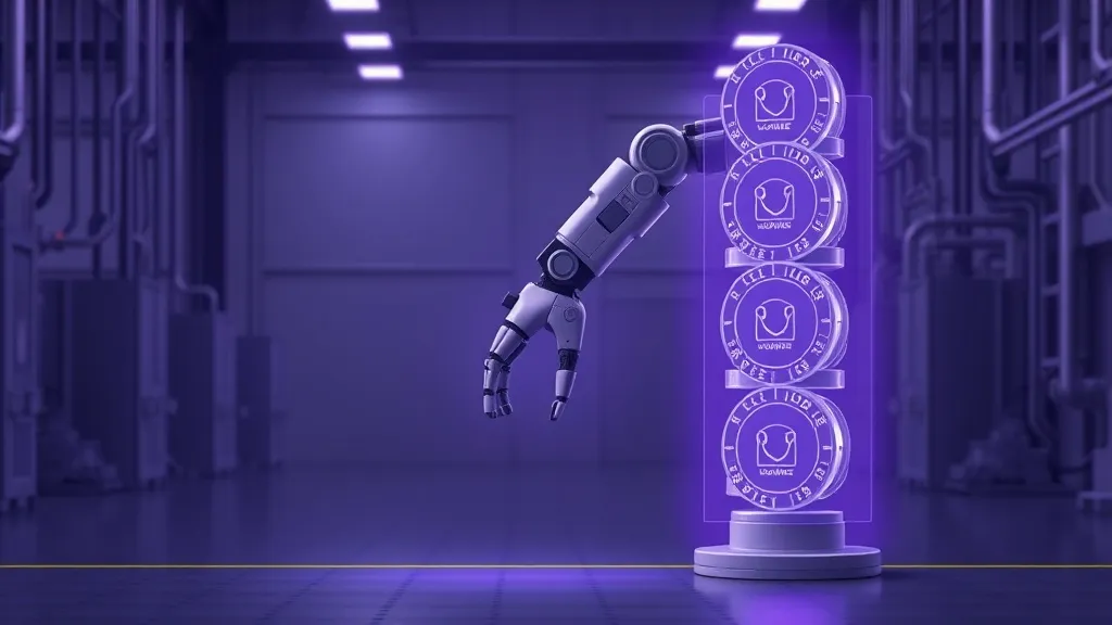 Robotic arm in a factory with layered digital compliance seals stacked above it, representing multiple overlapping certification requirements.