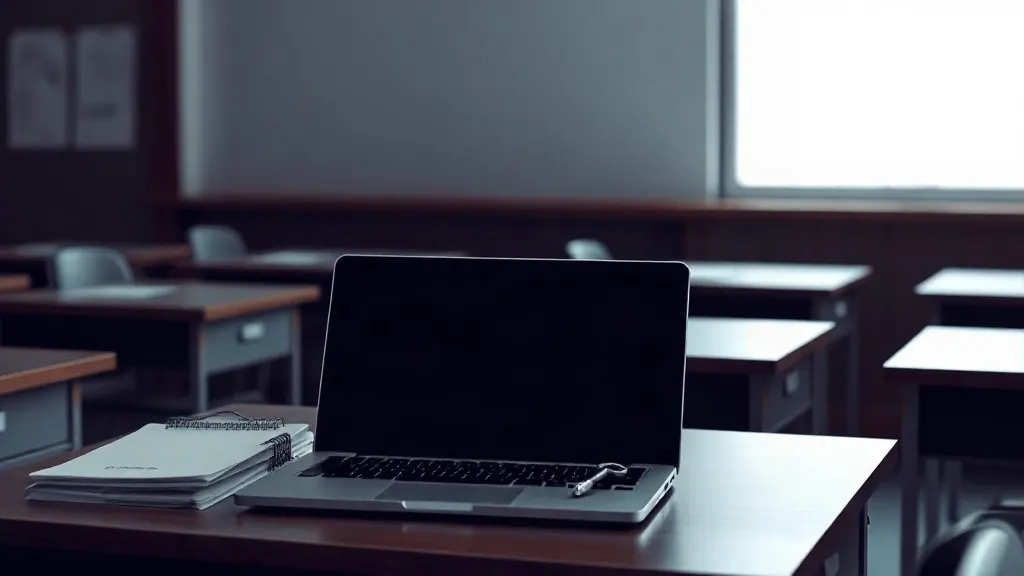 A closed laptop and a key resting on blank folders on a classroom desk, symbolizing locked-down data behind school AI policy.
