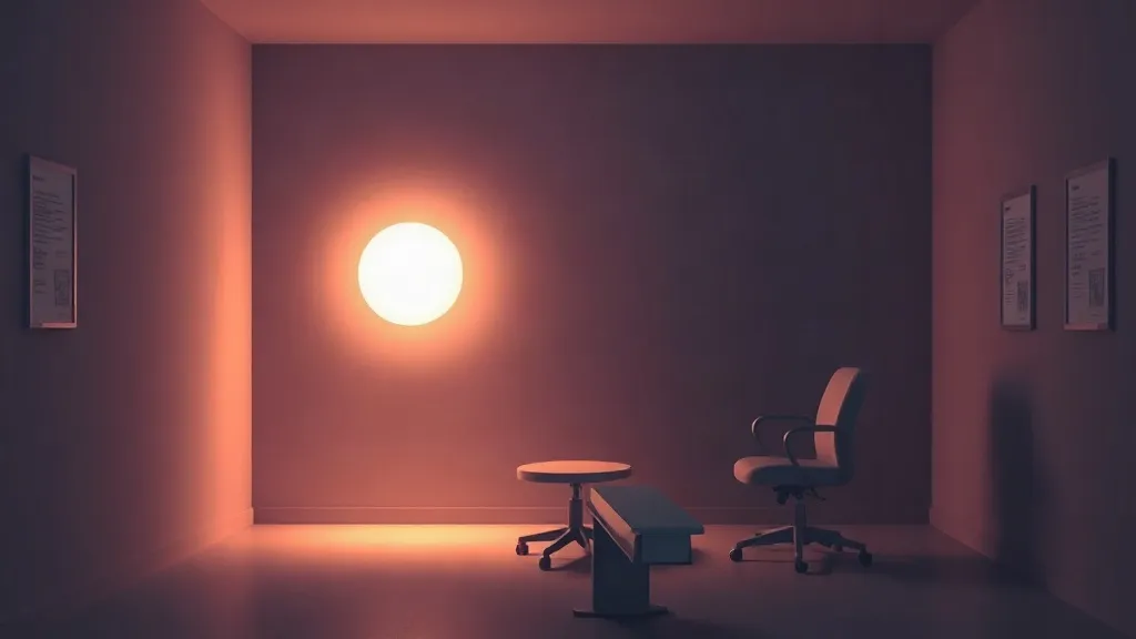 An abstract glowing orb of light positioned between an empty patient chair and an exam table in a softly lit clinic room, symbolizing an AI presence stepping into direct patient interaction.