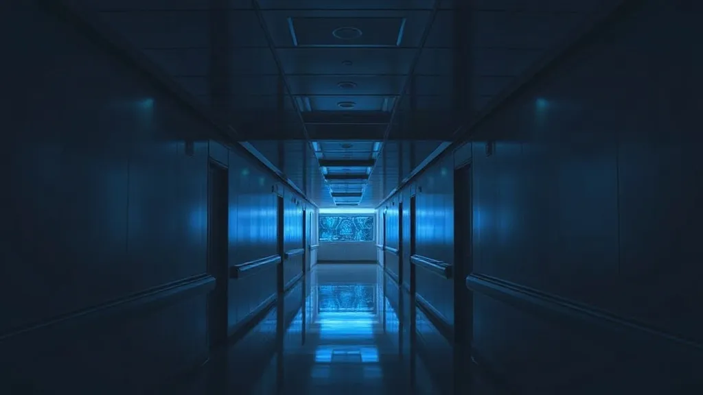 A hospital corridor with faint glowing light trails behind the walls, symbolizing unseen AI systems operating inside clinical infrastructure.