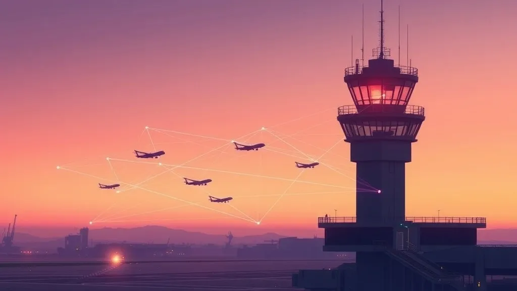 Illustration of a control tower with data streams linking multiple aircraft and ground vehicles on a runway at dusk