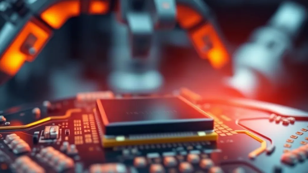 Close-up of an industrial AI chip glowing under factory light with a robotic arm blurred behind it.