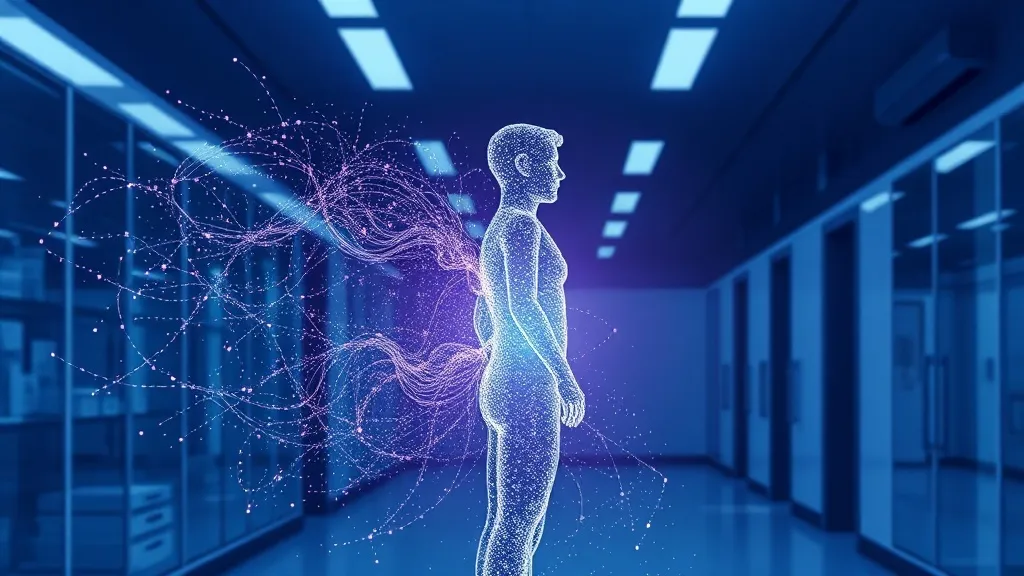 A human silhouette made of light particles dissolving between physical form and abstract data streams in a clinical setting.
