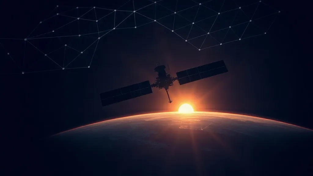 A satellite in orbit with an abstract network mesh pattern overlaid against the curve of Earth at dawn.