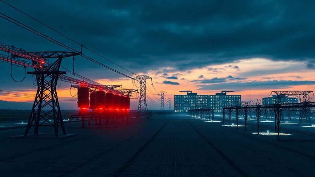 Transmission lines and a substation feeding power toward a distant illuminated data center campus under a stormy sky.