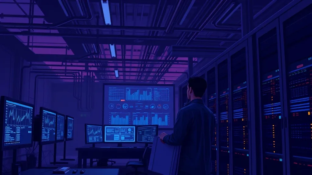 An engineer reviews technical standards documents in an industrial control room filled with monitors and server equipment.