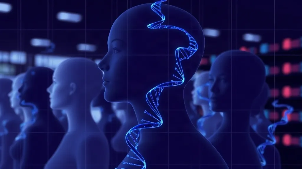 Abstract image of diverse translucent human silhouettes woven with DNA strands, symbolizing demographic representation gaps in AI-driven drug discovery.