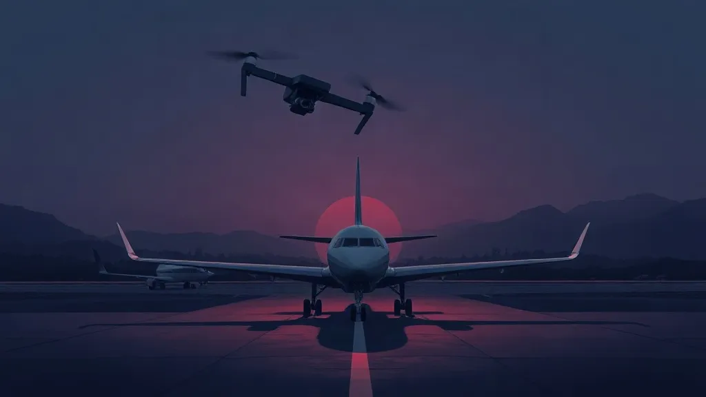 A delivery drone and a jet aircraft cast overlapping shadows on a runway at dusk, connected by a thin line of light.
