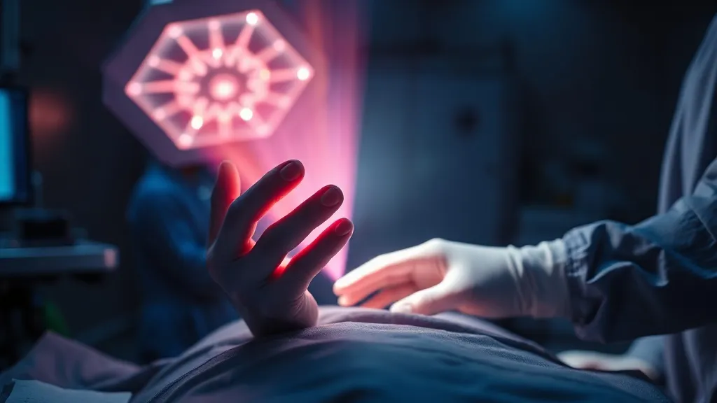 Abstract image of a surgeon's hands beneath a shifting holographic light field above an operating table, symbolizing AI surgical guidance in transition between regulatory categories.