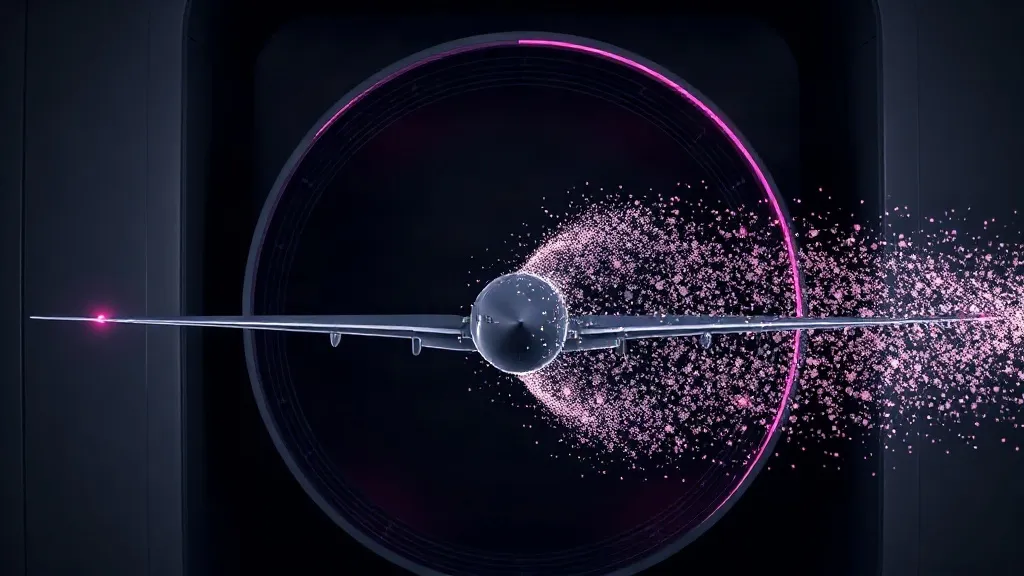 An aircraft wing test model transitioning from physical metal into a field of abstract data particles, symbolizing simulation giving way to AI surrogate modeling.