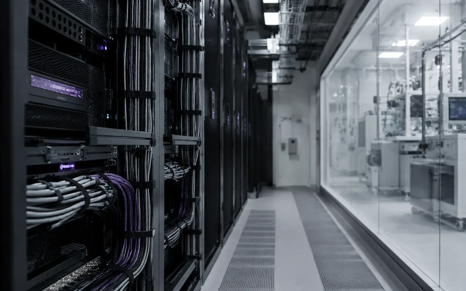 A server-room aisle with orderly cabling